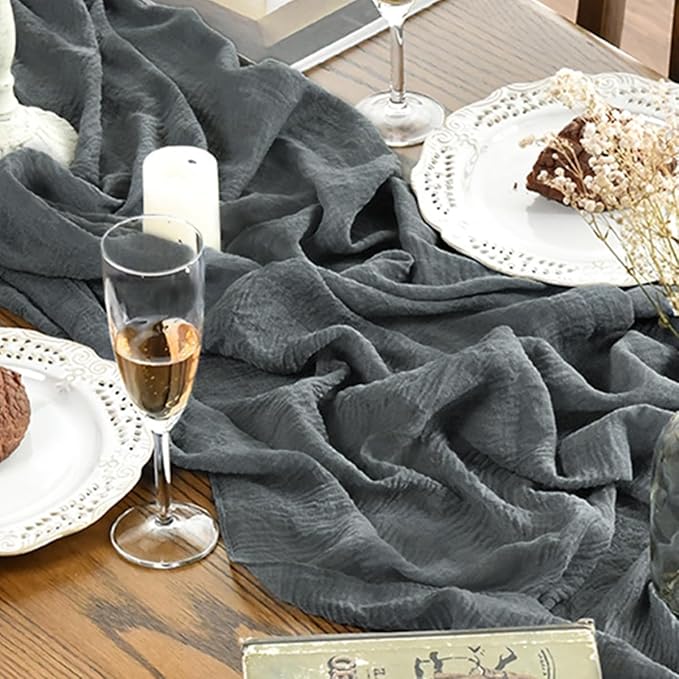 Artoid Mode Boho Cheesecloth Gauze Silver Grey Wedding Table Runner, 120 Inch Seasonal Fabric Kitchen Dining Holiday Table Decor for Home Party Indoor