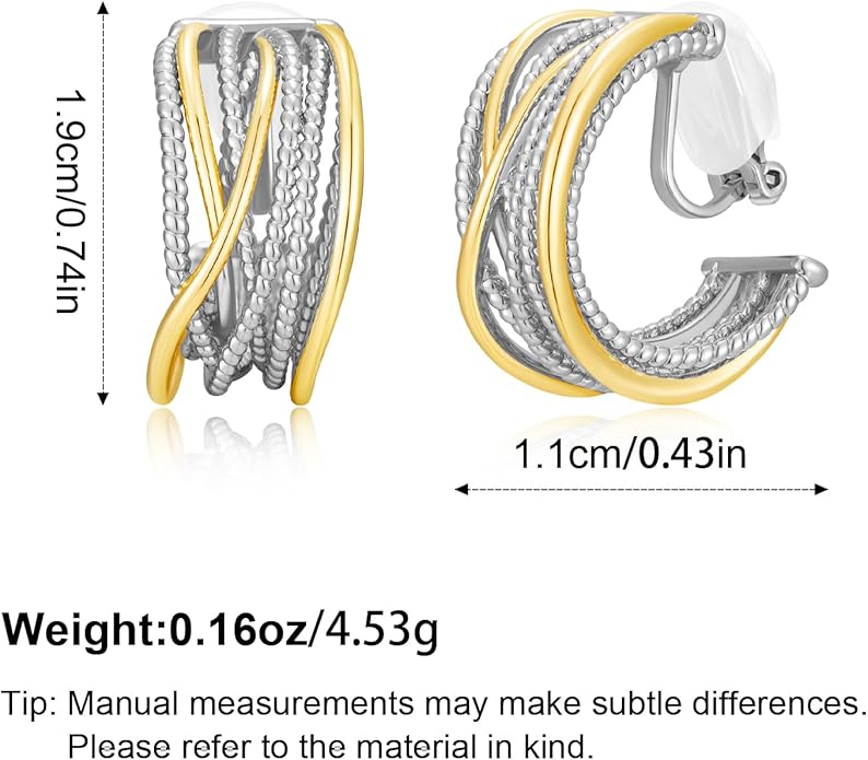 Gold and Silver Mixed Metal Clip-On Earrings Two Tone Clip-On Earrings Chunky Twist Open Hoops Earring Fashion Jewelry