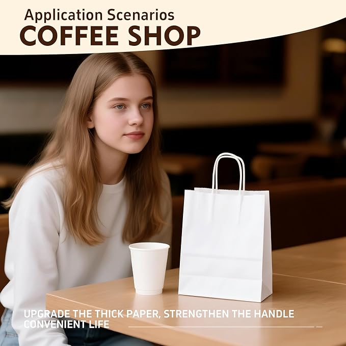 YEEHAW White Paper Bags with Handles Bulk 8"x4.5"x10.8" 100Pcs Gift Bags Medium Size, White Gift Bag with Handles Bulk for Retail, Party, Shopping, Merchandise