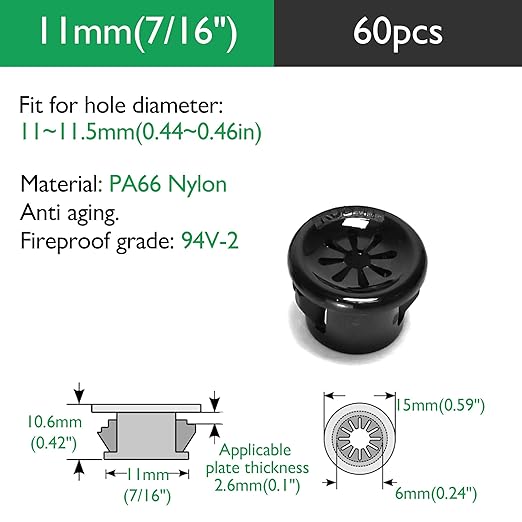 60PCS Cable Grommets, 7/16"(11mm) Desk Hole Cover Petal Shaped Buckle Type Nylon Snap Bushing Grommet, Wire Hole Cover Insert for Cables and Cords Management and Protection of Cabinet, Black