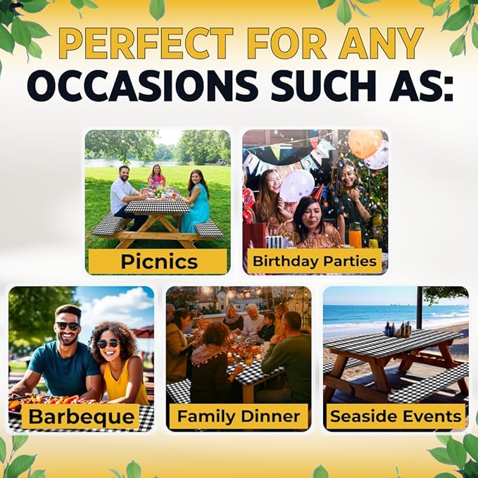 RNOONY 6ft Polyester Picnic Table Cover with Bench Covers Windproof & Waterproof Tablecloth, Perfect for Camping Gifts & RV Essentials, Cool Camping Gadgets with Carrying Bag, 72x30 Inches,4Pcs,Black