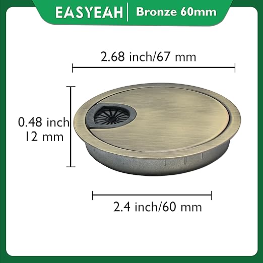 2 Pcs Desk Grommet 2-3/8" / 60 mm, Desk Cord Hole Cover, Cable Grommet Metal Zinc Alloy Materilal, Desk Hole Grommet for Home & Office Pc, Detachable Cable Cord Organizer-Bronze