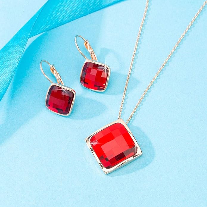 EVEVIC Square Austrian Crystal Necklace Earrings for Women Fashion 18K Gold Plated Hypoallergenic Jewelry Set