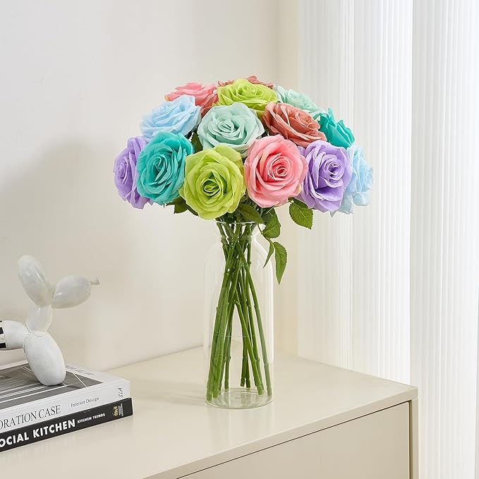 15pcs Fake Roses Artificial Silk Flowers Faux Rose Flower Long Stems Bouquet for Arrangement Wedding Centerpiece Party Home Kitchen Decor
