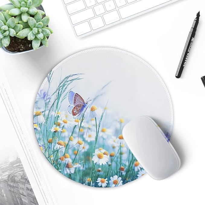 ITNRSIIET Round Mouse Pad with Stitched Edge Premium-Textured Waterproof Non-Slip Rubber Base Desktop Protection Mat Diameter 8.7 inches, Butterfly Chrysanthemum