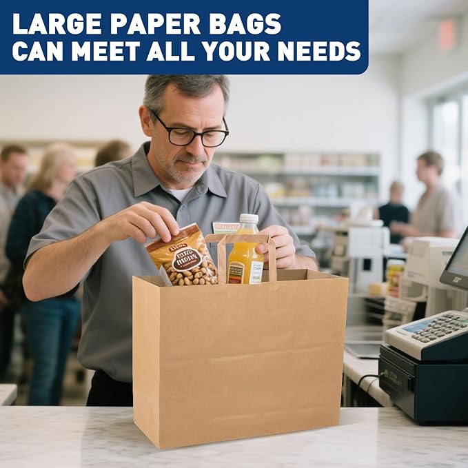 XPCARE 50 Pack Large Brown Paper Bags, 16x6x12 Inch Brown Paper Bags with Handles, Large Gift Bag Bulk, for Retail, Party, Shopping, Birthday, Grocery, BusinessC