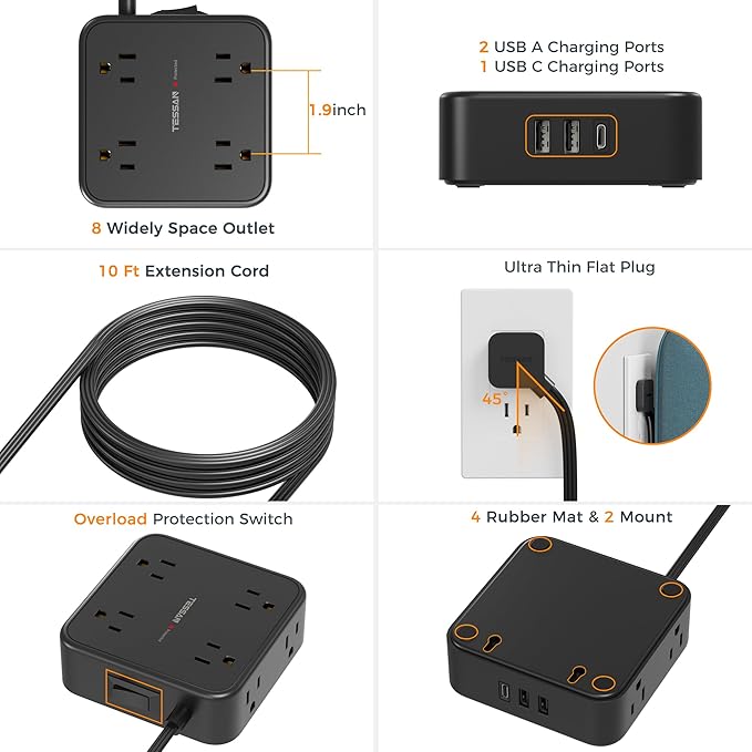 Power Strip Surge Protector 10 Ft Cord, TESSAN 8 AC Outlets 3 USB Charger (1 USB C Port), Thin Flat Extension Cord 10 Feet, Flat Plug, 900 Joules Protection, for Home, Office, Dorm Room Essentials