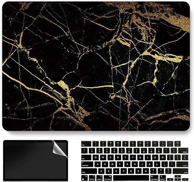 Black Gold Marble Laptop Cover Compatible with MacBook Air 13/13.3 Inch Case 2017 2016 2015 2014 2013 2012 2011 2010 A1466/A1369, AMCJJ Plastic Hard Shell Case & Keyboard Cover &Screen Protector