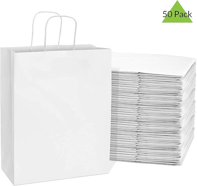 Prime Line Packaging White Gift Bags, Kraft Gift Bags Medium with Handles, Shopping Bags, Small Business, Boutiques, Merchandise, Party Favors, Bulk, 10x5x13, 50 Pack