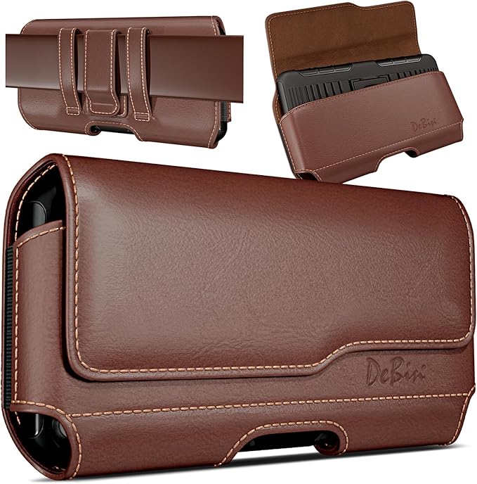 DeBin Holster for Large iPhone Plus, ProMax 16 15 14 13 12 11 Xs Max - Cell Phone Belt Holder Case with Clip Carrying Pouch Cover (Fits Phone with Protective Case on) Brown