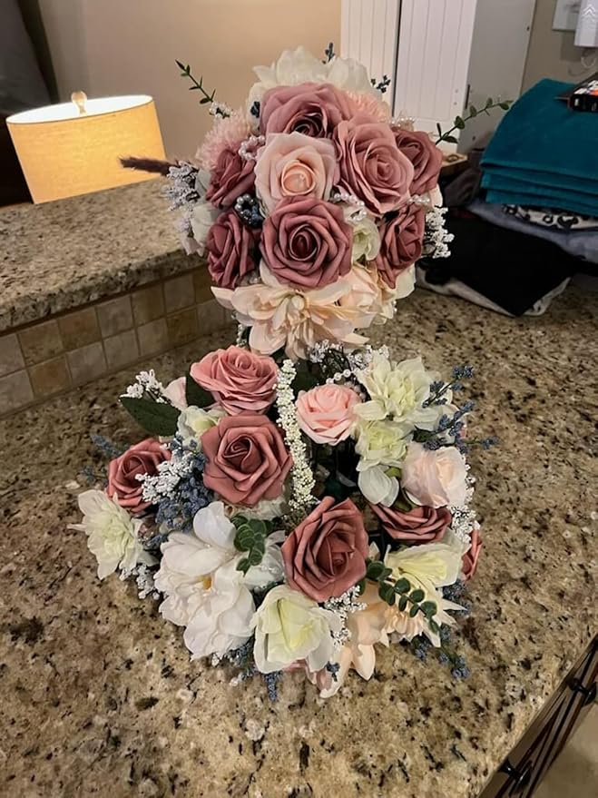 Roses Artificial Flowers Dusty Pink Bouquet Box Set Fake Flower for DIY Bridal Wedding Shower Decorations Faux Silk Floral Arrangements for Party Table Centerpieces Home Decor Indoor Blush