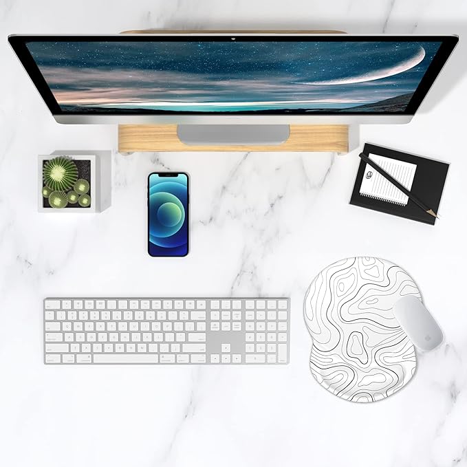 ITNRSIIET Ergonomic Mouse Pad with Gel Wrist Support Small Wrist Rest Smooth Surface Non-Slip PU Base Comfortable Office Supplies Pain Relief, 8.7 x 7.2 inches, Topographic Contour White