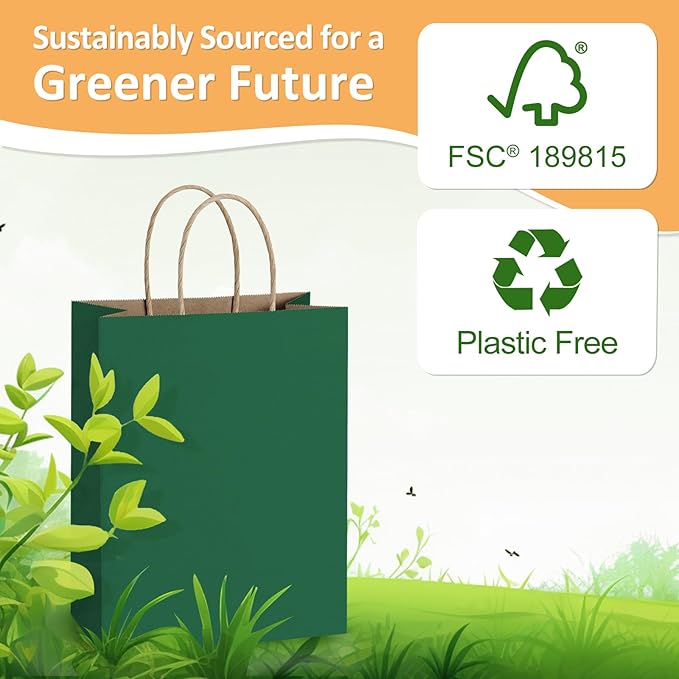 BagDream Forest Green Gift Bags with Handles 8x4.25x10.5 Inch 25Pcs Medium Kraft Paper Bags for Christmas, Thanksgiving, Craft, Party Favors, Retail, Grocery, Recyclable Paper Sacks