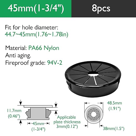 8PCS Cable Grommets, 1-3/4"(45mm) Desk Hole Cover Petal Shaped Buckle Type Nylon Snap Bushing Grommet, Wire Hole Cover Insert for Cables and Cords Management and Protection of Cabinet, Black