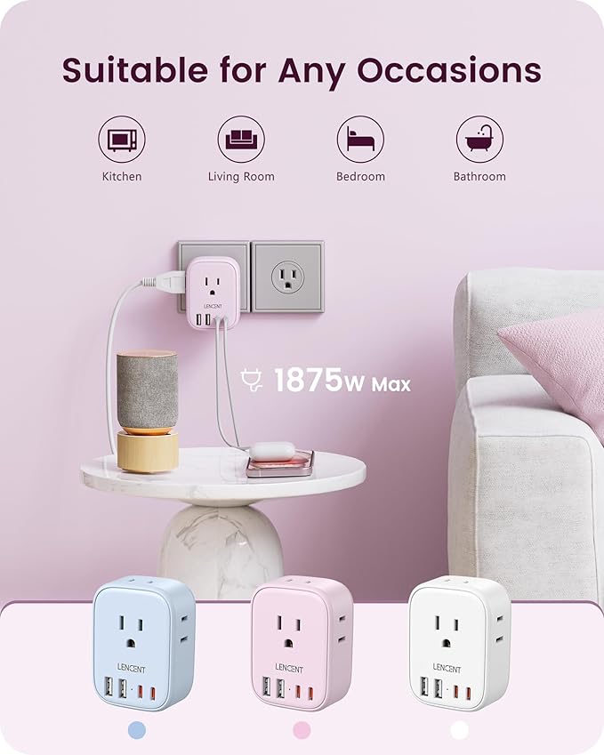 LENCENT Multi Plug Outlet Extender with USB C, 4 AC Electrical Outlet Expander with 4 USB Charger Cube, Small Multiple Wall Tap Plug Splitter for Home Office Travel Cruise Dorm Essentials- Pink