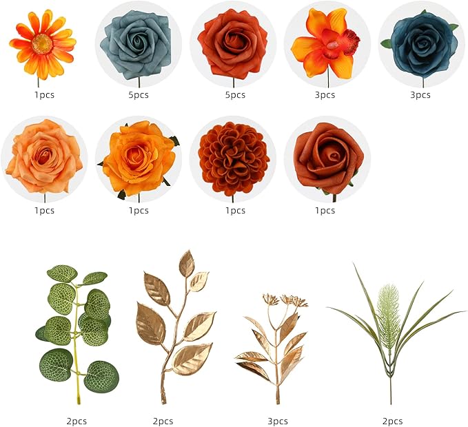Floweroyal Artificial Flowers Combo Orange Flowers Mix Silk Flowers Fake Roses with Stems for DIY Wedding Bridal Bouquets, Baby Shower, Floral Arrangement, Table Centerpieces, Home Decorations