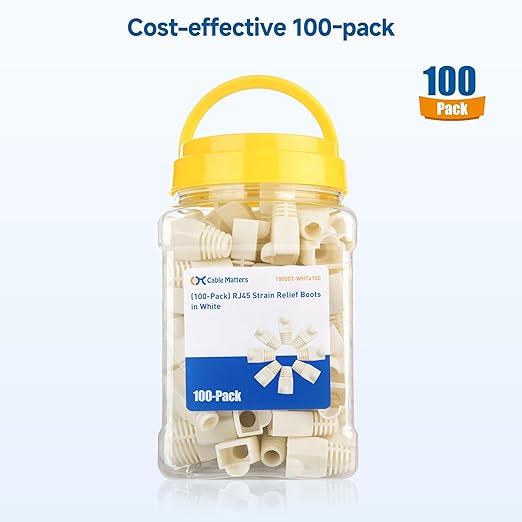Cable Matters 100-Pack Cat6 / Cat5e RJ45 Strain Relief Boots, RJ45 Boot, Cat 6 Boot, Cat6 Ethernet Boots, White, Suitable for 6.5mm (0.25in) Ethernet Cables