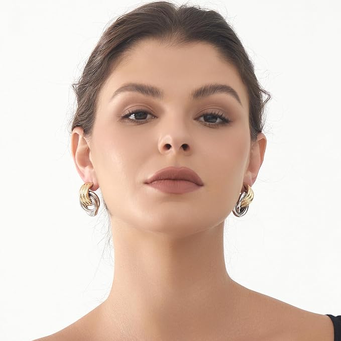 Gold Plated Chunky Gold Earrings for WomenKnot Link Circle Statement Drop Dangle Earrings Studs Trendy Jewelry (L-Size Chunky Earrings)