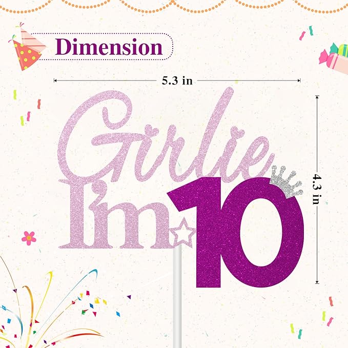 Girlie I'm 10 Cake Topper, 10th Birthday Decorations for Girl, Glitter Funny 10th Birthday Cake Topper, Girlie 10 Year Old Birthday Party Decoration Supplies