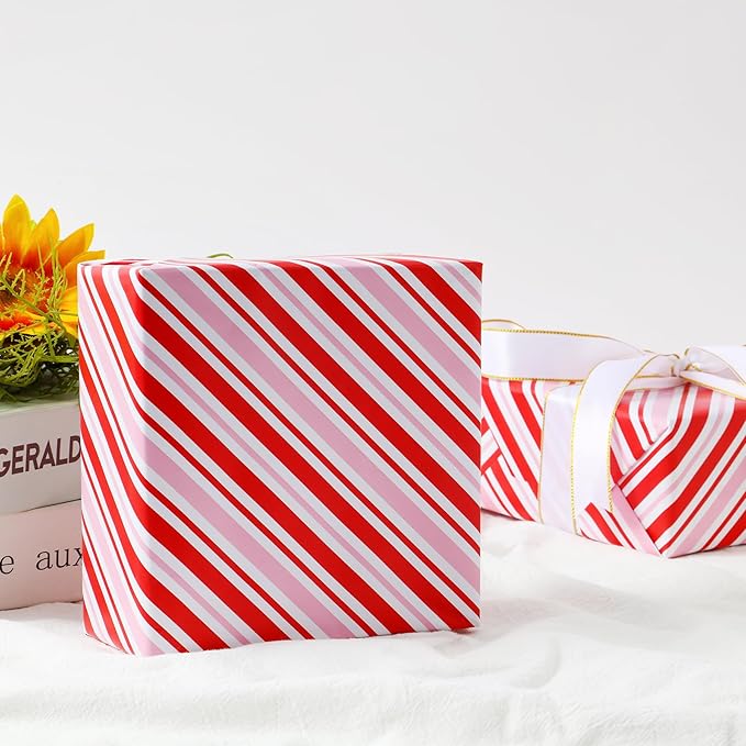 Miss DuiDui Gift Wrapping Paper Roll, 17 Inch x 32.8 Feet, Red Pink White Stripe for Birthday, Baby Shower, Valentine's Day, Anniversary, Wedding, Christmas