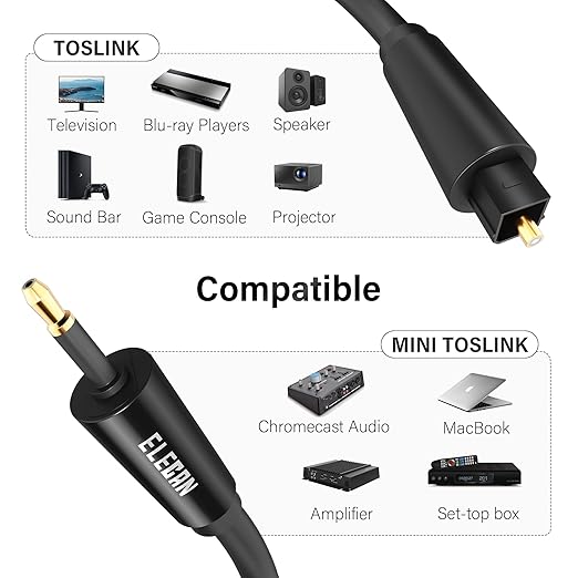Elecan Mini Toslink to Toslink Digital Optical S/PDIF Audio Cable 35 Ft, Gold Plated Soft Flexible Fiber Optic Cable,Signal Protection PVC,Surround Sound for Soundbar,Home Theater,Hi-Fi System+Ties MI