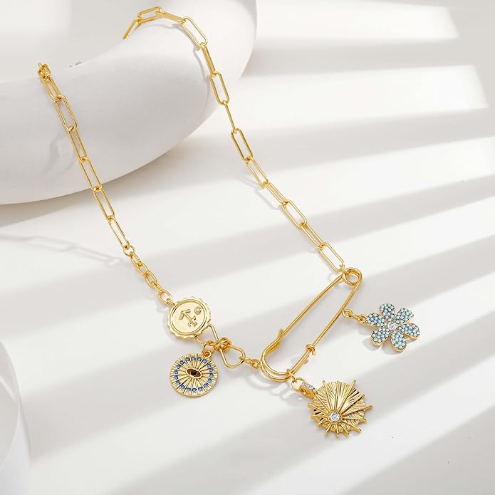 MISS RIGHT Dainty Gold Evil Eye Hamsa Hand Coin Lucky Charm Pendant Necklace for Women Trendy Vintage Paperclip Chain Sun Moon Clover Flower Chunky Charm Necklace Jewelry Gifts