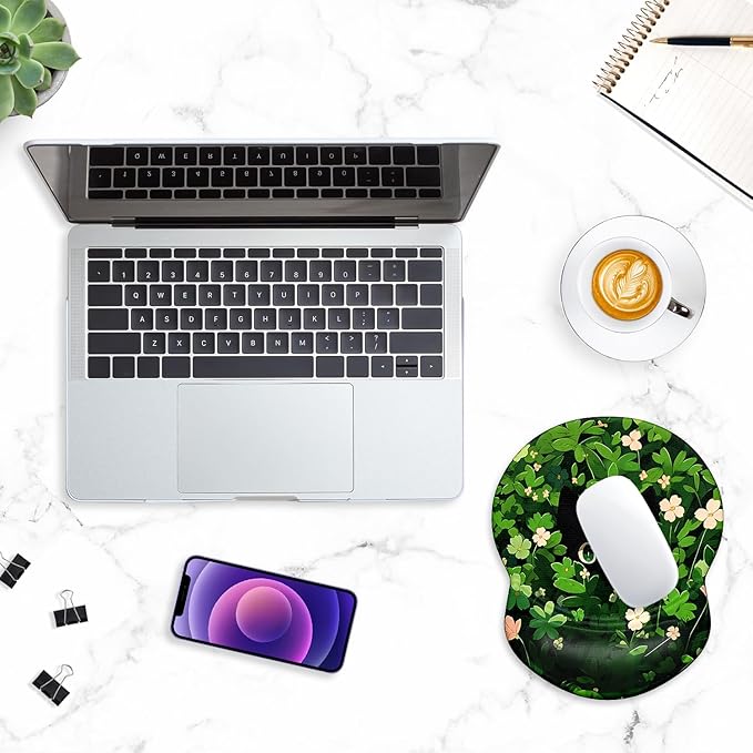 ITNRSIIET Ergonomic Mouse Pad with Gel Wrist Support Small Wrist Rest Smooth Surface Non-Slip PU Base Comfortable Office Supplies Pain Relief, 8.7 x 7.2 inches, Green Leave Cat