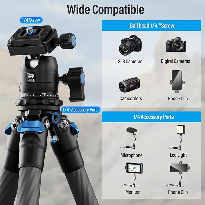 SIRUI Carbon Fiber Travel Tripod with 360° B-00K Arca-Swiss Ballhead, Mini Desktop Tripod for Mirrorless Cameras, Folded Height 12.1", Max Height 16.6″