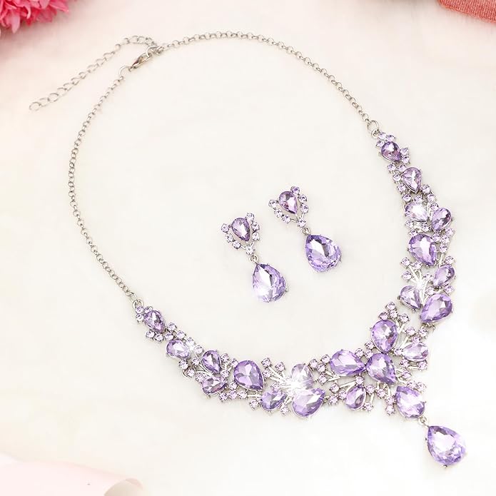 Hicarer Bridal Teardrop Cluster Crystal Jewelry Set for Women Necklace Earrings Wedding