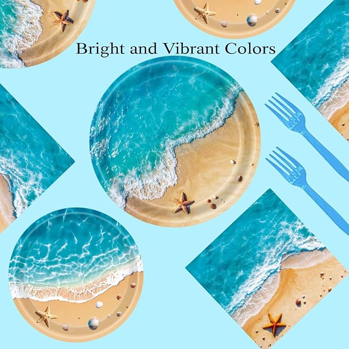 Beach Party Decorations, Ocean Themed Party Decorations Include Plates Napkins, Cake Topper, Cups Banner Tablecloth for Hawaiian Pool Summer Birthday Party Supplies, Serve 20