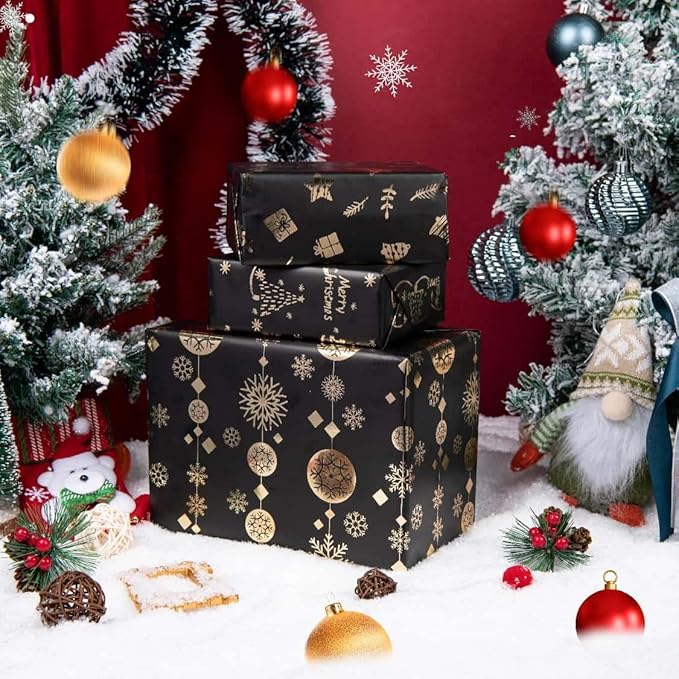 Linnoptimix Christmas Wrapping Paper Rolls -3 LARGE ROLL-27inch*78 inch per roll Colorful Foil Black wrapping paper(Christmas 3 Black/Gold(001))