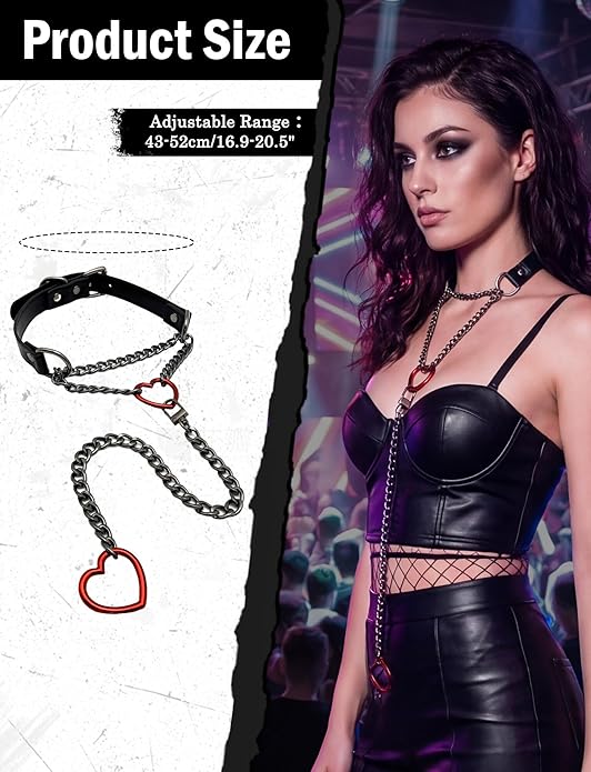 FEOYA Heart Choker Necklace for Women Hearts O-Ring Slip Chain Adjustable Punk Leather for Valentine Cosplay Gift