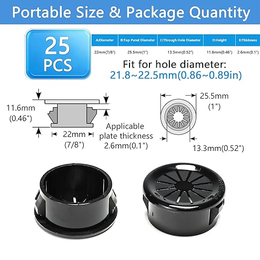 25 Pcs Cable Grommet, Snap Bushing 7/8" (22 mm) Mounting Diameter, Flexible Petal-Shaped Buckle Round Nylon Desk Grommet for Wires Through Countertop Cord Organizer and Protection, Black