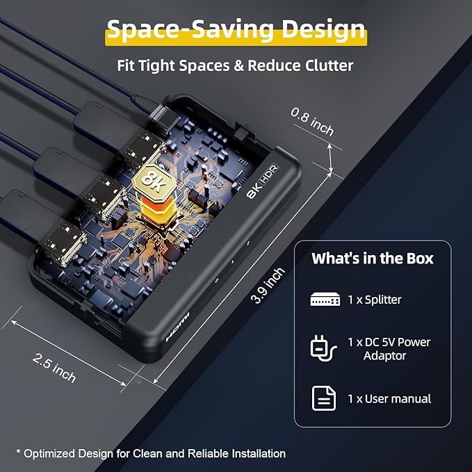 8K HDMI Splitter 1x2 – 1 in 2 Out, 8K@60Hz, 4K@240Hz (DSC), HDCP 2.3, 48Gbps, EDID, Auto Downscaling, Duplicate/Mirror Screens, Compatible with Dual Monitors, TV, PS5, Amplifier