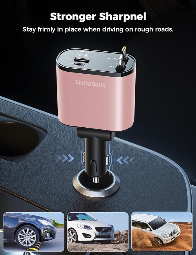 【Upgraded】 SUPERONE Retractable Car Charger 4 in 1, Fast Car Phone Charger with Cord 2.6ft, USB C Car Charger Adapter, Compatible with iPhone 15/15 Pro Max/14/13/12/11, Galaxy, Pixel