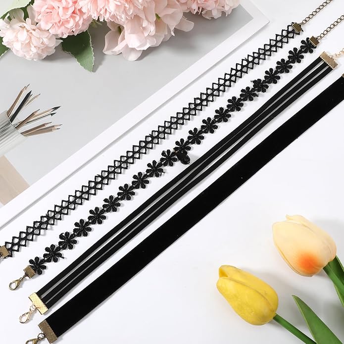 cobee 10 Pcs Gothic Choker Necklace For Women, Black Lace Chokers Adjustable Collar, Charm Stretch Necklaces Clothes Accessories
