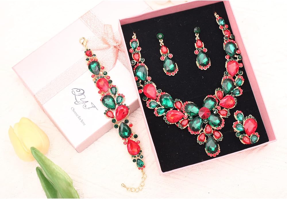 Women's Wedding Bridal Austrian Crystal Glass Teardrop Statement Necklace Dangle Earrings Bracelet Ring Wedding Party Jewelry Set for Bridal Bridesmaid