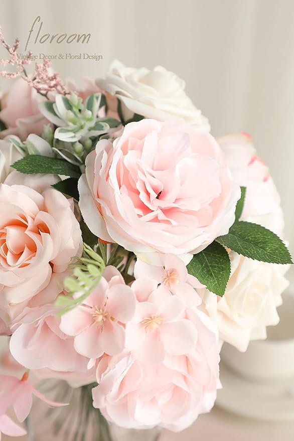 Floroom Cream Blush Artificial Flowers Fake Roses Peonies and Greenery Combo Box Set for DIY Pink Wedding Bouquets Bridal Shower Centerpieces Floral Arrangements Party Tables Home Decorations