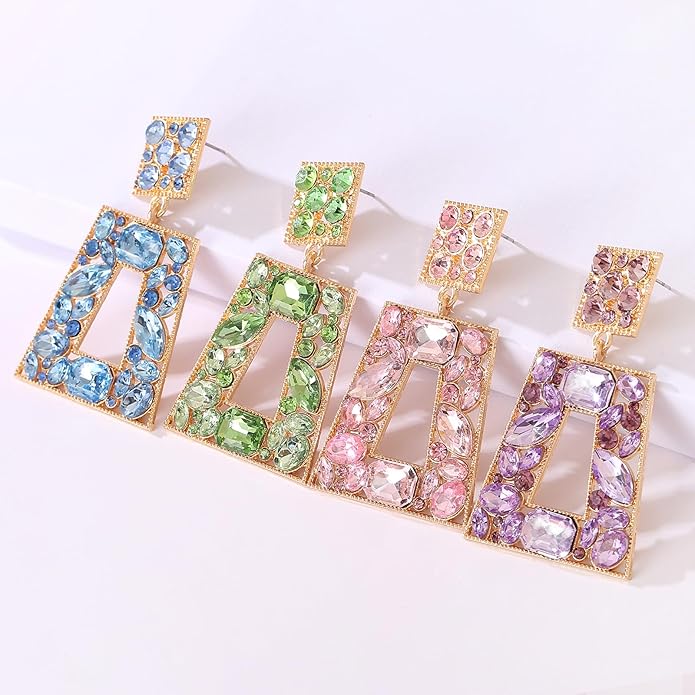 Rhinestone Rectangle Statement Earrings Colorful Crystal Geometric Drop Dangle Earrings for Women Prom Party