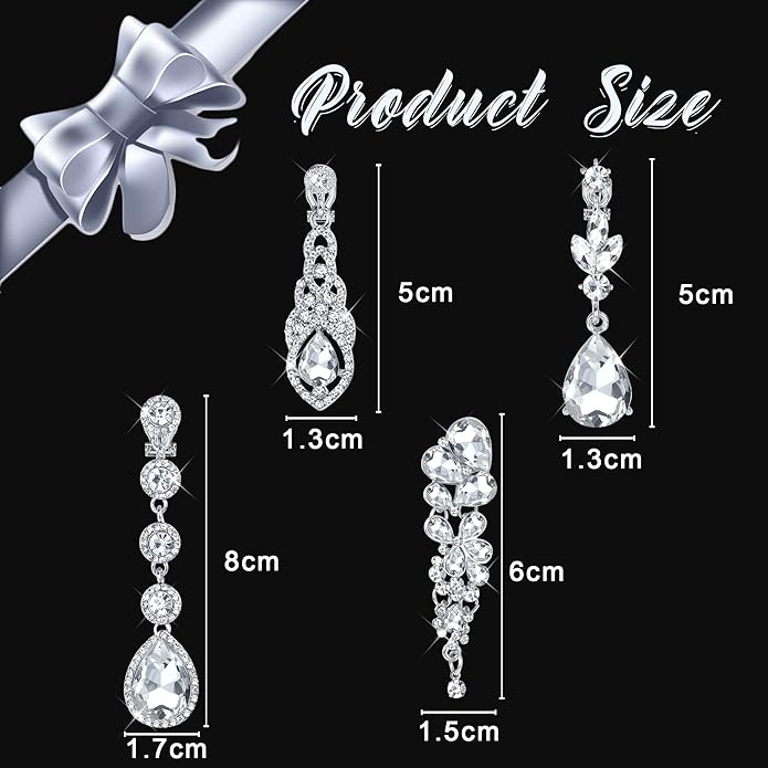 Jstyle 4 Pairs Silver Clip on Earrings for Women Elegant Rhinestone Clip on Earrings Dangle Drop for Brides Bridesmaids Non Pierced Earrings Set
