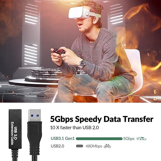 50FT USB 3.0 Extension Cable,Active Type A-Male to A-Female Extender Cord, 2 Signal Boosters,Compatible Oculus Quest 2/3 VR,Printer, Webcam,Xbox, PS4 and More,