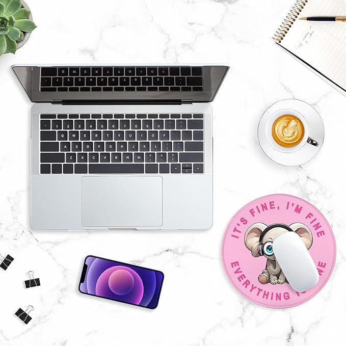 ITNRSIIET Round Mouse Pad with Stitched Edge Premium-Textured Waterproof Non-Slip Rubber Base Desktop Protection Mat Diameter 8.7 inches, Pink Pretty Elephant