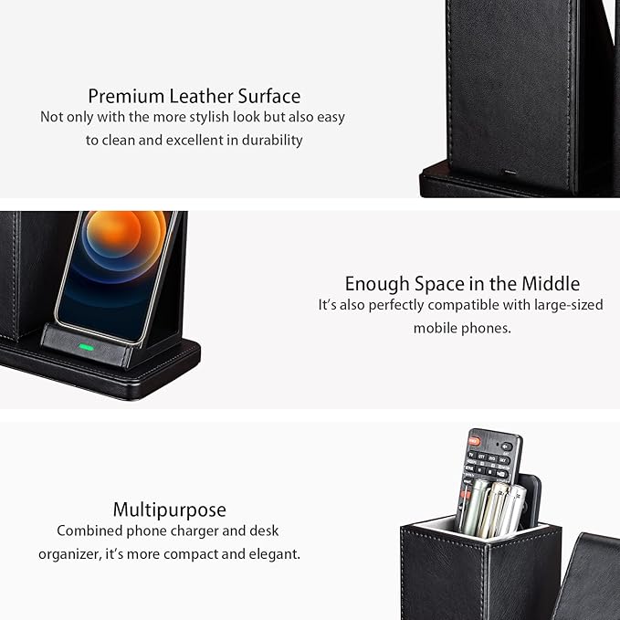 Wireless Charger with Desk Organizer, Wireless Charging Station for iPhone 13/13 Pro Max/13 Pro/12 Series/11/XS Max/XR/X/8Plus/SE 2, Wireless Charging Stand with Leather… (Black)