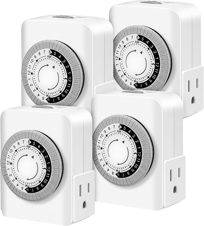Outlet Timer,Timers for Electrical Outlets Indoor with 3-Prong Dual Outlet,24-Hour 30 Minute Daily On/Off Cycle, Plug-in Mechanical Timers for Christmas Lights, Lamps, Grow Light (4-Pack)