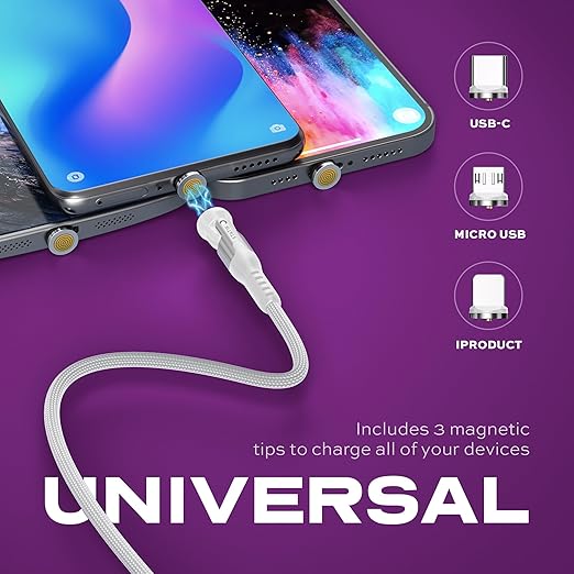 Statik 360 Pro Magnetic Charging Cable - Type C Charger Fast Charging 3 in 1 USB C to USB C Cable, Micro USB & iProduct Tips, USB A Adapter, Compatible w/All Devices - 100W Fast Charger, White 6FT/2M