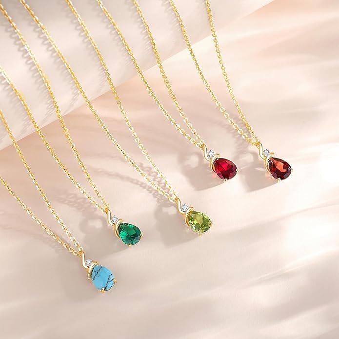 FANCIME 14K Solid Yellow Gold Birthstone Pendant Necklace for Women with Diamond Pear Shaped Teardrop Necklace Birthday Gifts for Mom Women Sterling Silver Chain 16" + 2" Extender