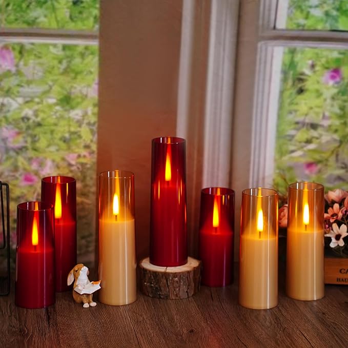 Flameless LED Candles, Upgraded Realistic 5 Pcs Flickering Flame Pillar Candles, Battery Operated Candles with Remote Timer, for Romantic Ambiance and Home Decoration (Red)