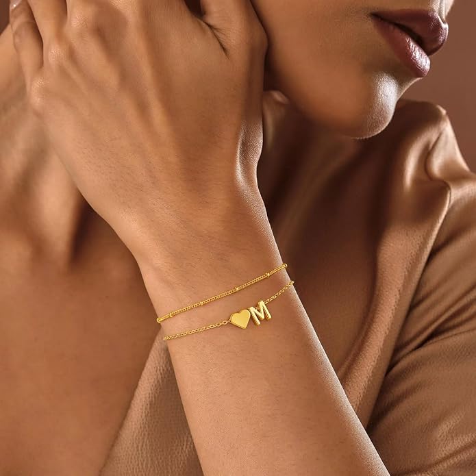 M MOOHAM Valentines Day Gifts for Kids Teen Girls -14K-Gold-Plated Heart Initial A-Z Bracelets for Women Girl Dainty Gold Bracelets Birthday Valentines Gifts for Women Her Teenage Girls Kid Teen Gift