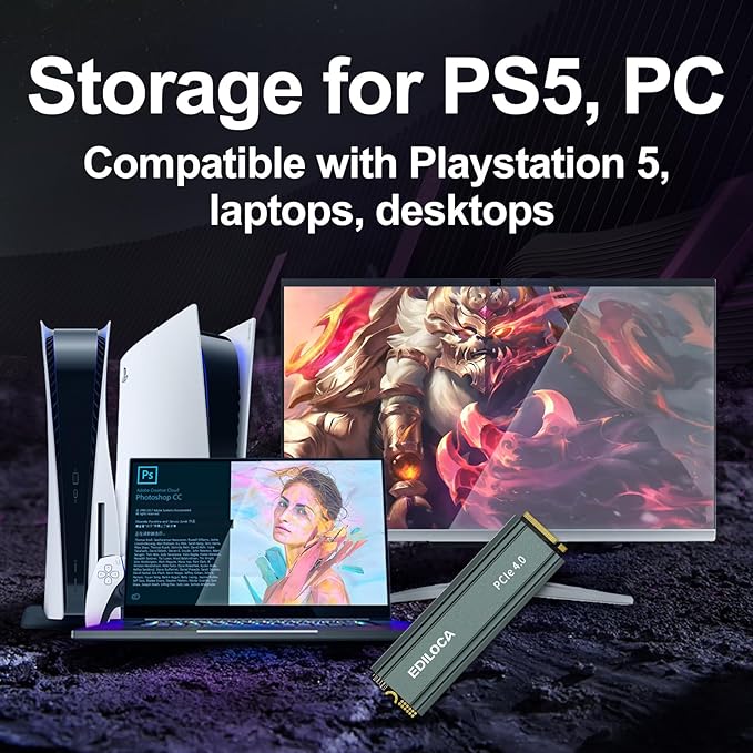 1TB M2 NVME SSD with Heatsink - PCIe Gen4.0 NVMe M.2 2280 3D NAND TLC, 5000MB/s Read, Internal Solid State Drive for PS5/PC, Dynamic SLC Cache, PS5 Storage Expansion, 5-Year Warranty(EN760)