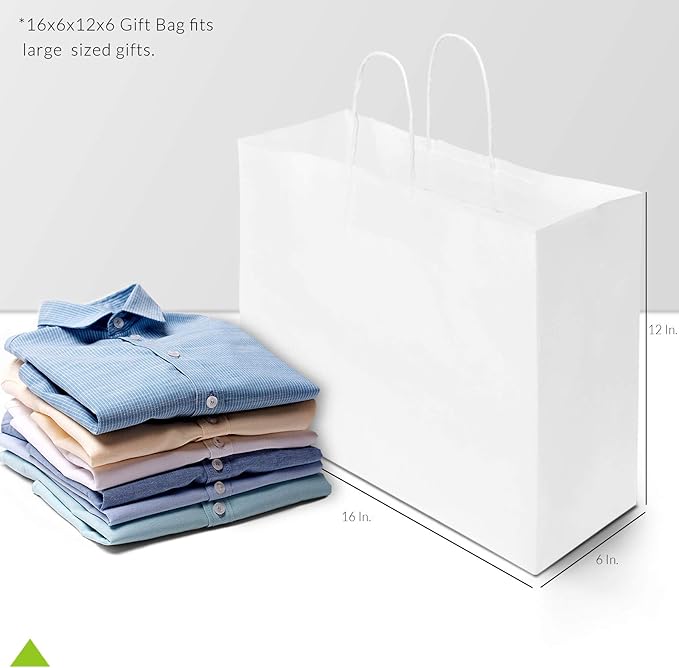 Prime Line Packaging White Gift Bags, Large Paper Bags with Handles for Small Business, Shopping, Boutique, Retail, Party Favors, Bulk, 16x6x12, 200 Pack